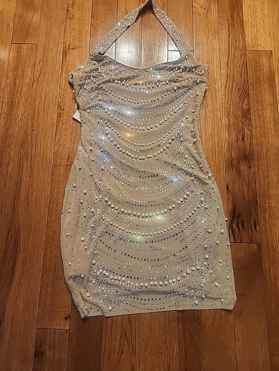 Source Unknown Dresses & Skirts - Beaded Halter Mini Dress Tan Champagne Size Large